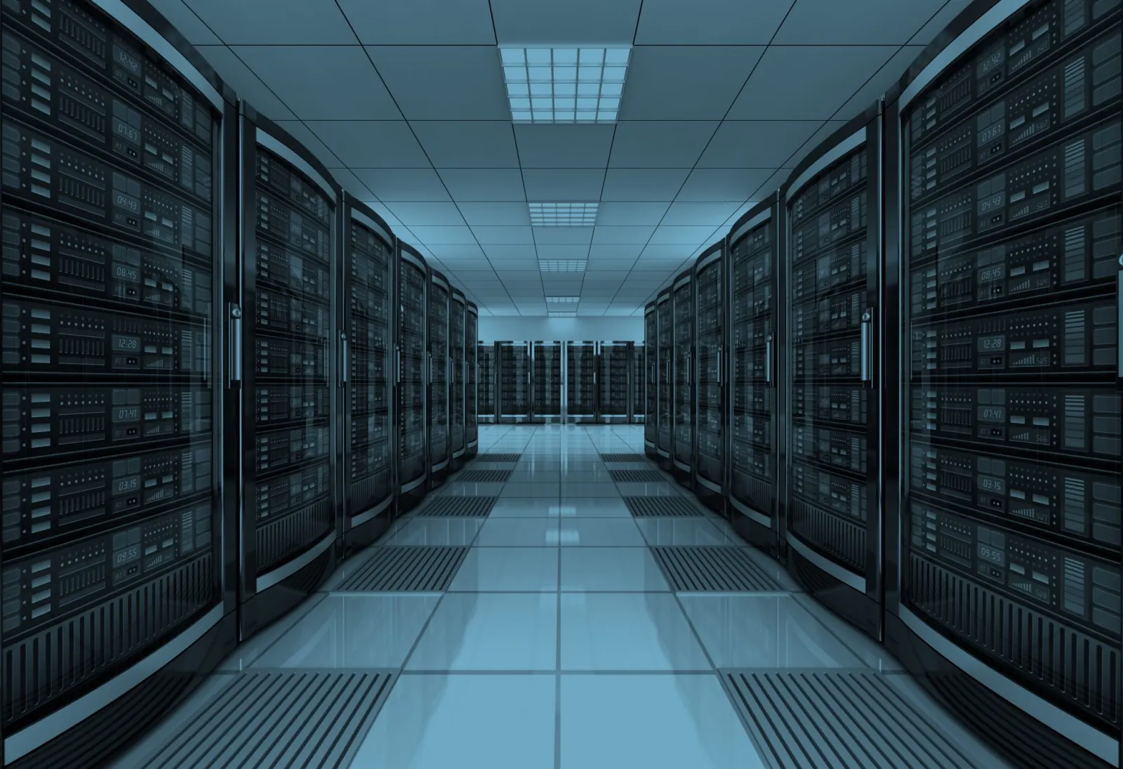 Data center server aisle with network racks