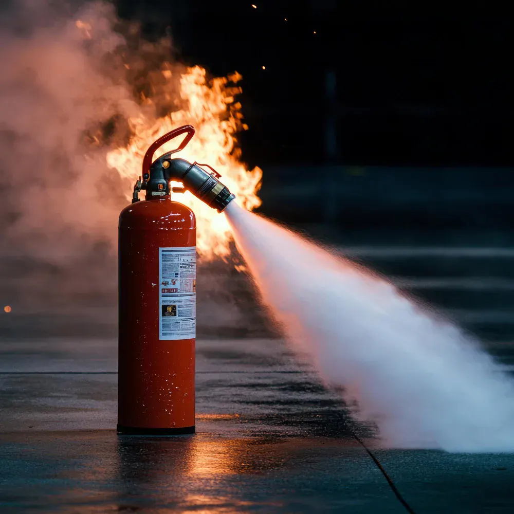 Portable fire extinguisher discharging toward a controlled fire