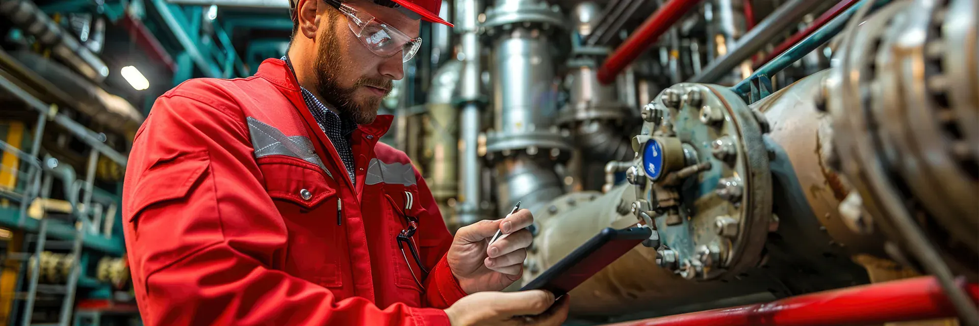 Fire protection technician inspecting industrial process piping