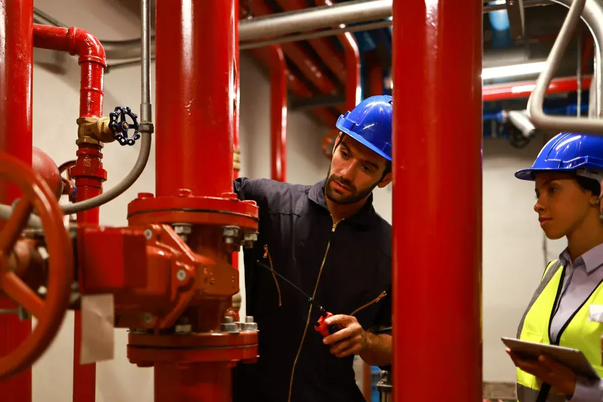 Technicians inspecting valves and piping in a fire suppression system